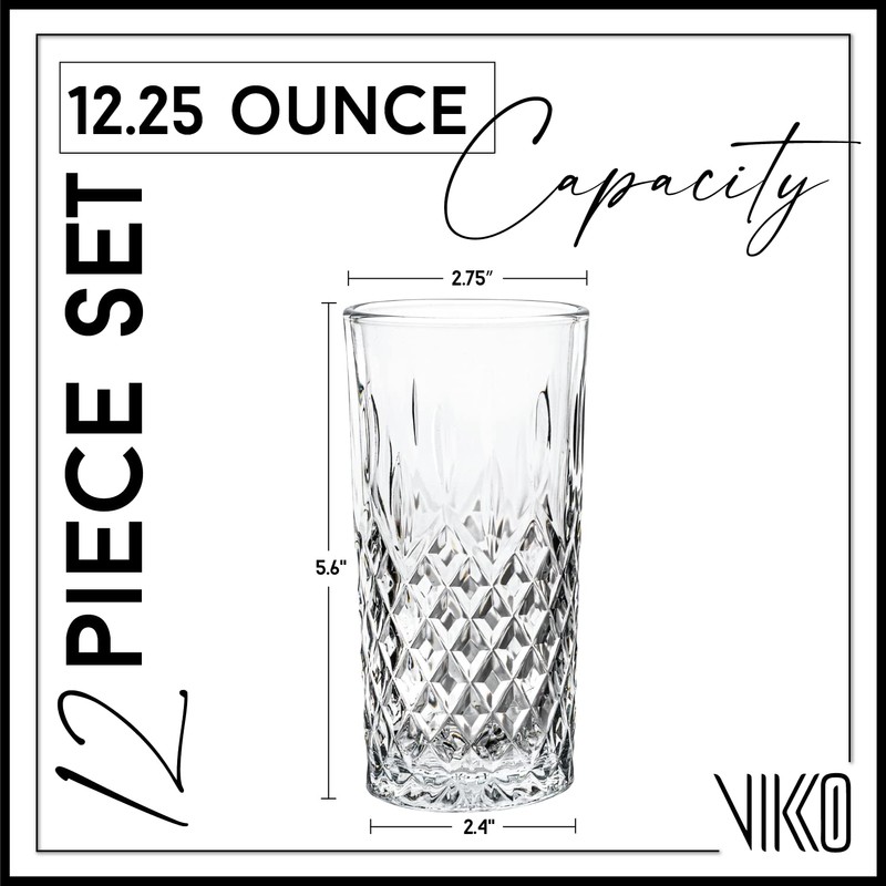 Vikko Drinking Glass, Set of 12 Crystal Style Tall Beverage