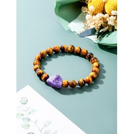 Jovivi Tiger Eye Crystal Beaded Bracelet with Rough Amethyst Stone,Natural Gem Semi Precious Reiki Healing Crystal Energy Bracelet,Handmade 8mm Round Stone Beads Stretch Bracelet for Women