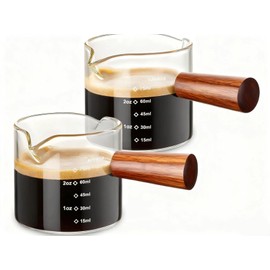 2 Pack Espresso Measuring Cups Glass, Small Measuring Double Shot Glass with Wood Handle, Clear Accessories, Coffee Measuring Cup, with V-Shaped Mouth, Milk Pitcher