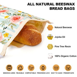 Augine Beeswax Bread Bag, 2 Pack Sourdough Bread Bags, Reusable Bread Bags for Homemade Bread, Organic Cotton Beeswax Sourdough Bags, Wildwood Bloom Series
