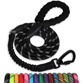 Rope Dog Leash 4 FT: Heavy Duty Leashes with Swivel Lockable Hook Reflective Threads Bungee and Padded Handle - Dog Lead for Large Small Medium Dogs Outside Walking Hiking Black