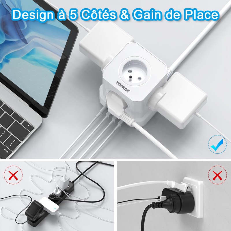 Multiprise USB Cube, TOPREK Cube Rallonge Multiprise 2M Avec 5