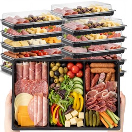 Shellwei 20 Pack Extra Large Charcuterie Board with Lid 15 x 10 Inch 3 Section Divided Catering Trays with Lids Large Disposable Travel Catering Serving Trays Platter (Black)