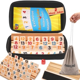 Doreimi Upgraded Rummy Cube Game Set 6 Plays with 6 Wooden Holders and 162 Rummy Tiles, Travel and Family Board Game for Adults and Kids
