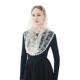Wgior Embroidered Lace Chapel Veil Infinity Mantilla Veils Catholic Church veil Latin Mass Head Covering Scarf (Ivory)