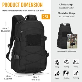 HUNTVP 25L Military Backpack 1000D, Travel Tactical School Work Backpacks Mens Womens, Molle Rucksack for Men Women Outdoors Hiking Traveling Trekking Hunting Camping Motorcycle (Black)