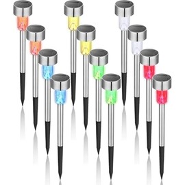 GIGALUMI Luces solares para jardín, Exteriores, Paquete de 12, 6 Colores, Impermeables IP65, Luces Decorativas para Caminos, iluminación LED de Acero Inoxidable para Jardines, césped y senderos.
