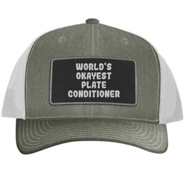 World's Okayest Plate Conditioner - Leather Black Patch Engraved Trucker Hat, Heather-White, One Size