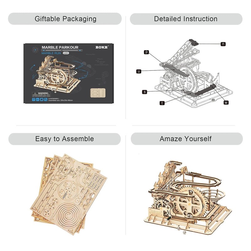 ROKR 254Pcs Marble Run 3D Wooden Puzzle With Waterwheel And