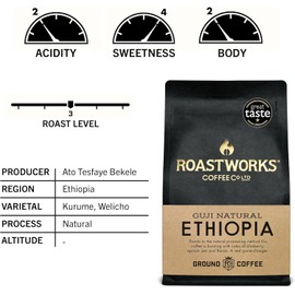 Roastworks Ethiopian Coffee Ground | 2 x 200g Packs | Natural Process | Guji Single Origin | Speciality Ground Coffee | Notes of Blueberry, Apricot Jam & Florals