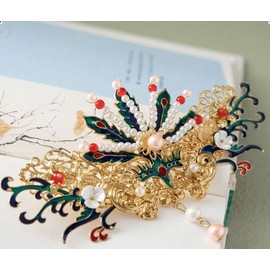 Chinese Hair Accessories for Wedding, Pearl Flower Hair Pins, Vintage Hair Sticks with Long Tassel,Chinese Ancient hairpin for Women (Golden, One Size)