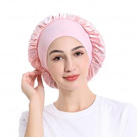 3 Pack Satin Bonnet, Night Sleep Caps with Wide Elastic Band, Silk Wrap, Soft Head Cover Sleeping Hat for Women and Girls Curly Hair (Pink,Black,Red)