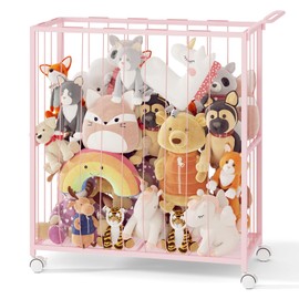 BBLIKE Stuffed Animal Storage - Durable Metal Toy Bin with Wheels and Handle, Large Capacity Holder Zoo for Kids Room or Corner Storage - Toy Organizer for Teddy Bears, and Plush Animals, Pink