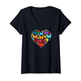 Womens Colorful Cute Hearts Shape Silhouette Lover - Butterfly V-Neck T-Shirt