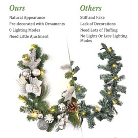 Adeeing 6FT Christmas Garland with Lights, Xmas Battery Operated Artificial Rattan with Classic Silver Decorations, Xmas Garland for Home Indoor Fireplace Mantle Outdoor Decor, Silver