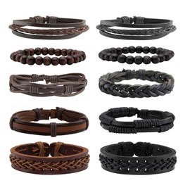 MILAKOO 10Pcs Black & Brown Leather Bracelets Set for Women Men Goth Punk Woven PU Wristband Wooden Beads Vintage Rock Cuff