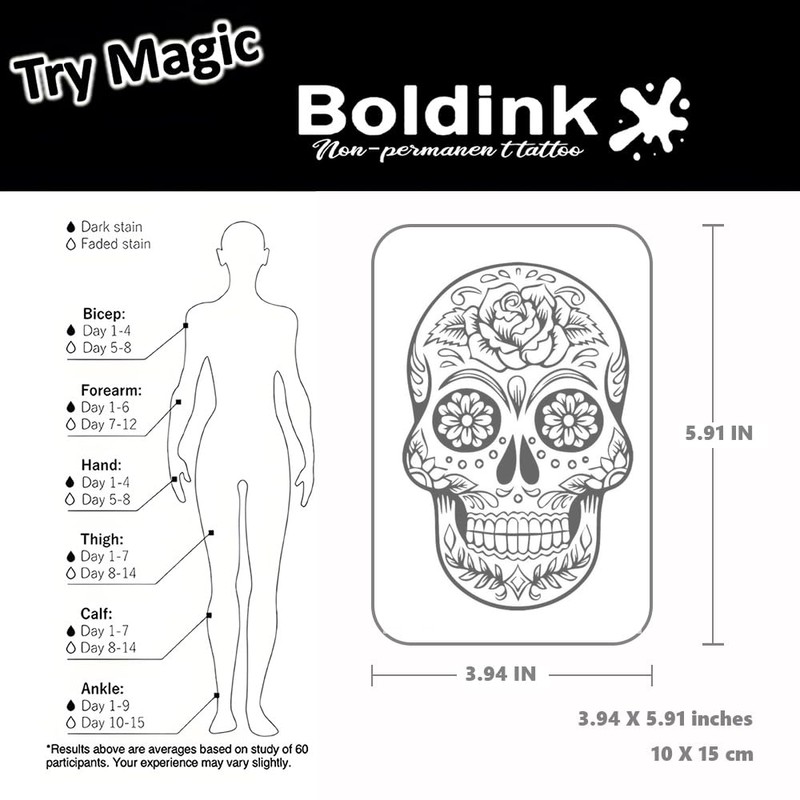 Boldink タトゥーシール シュガースカル メキシコ ドクロ 花柄 スカルアート シュガースカル 2枚セット 2週間