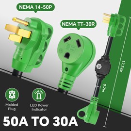 50Amp to 30Amp RV Power Adapter for Campers, RVs, Trailers with Overload Protection & Circuit Breaker, NEMA 14-50P to TT-30R, ETL-Listed with LED Indicator (Green, 18.5 Inch)