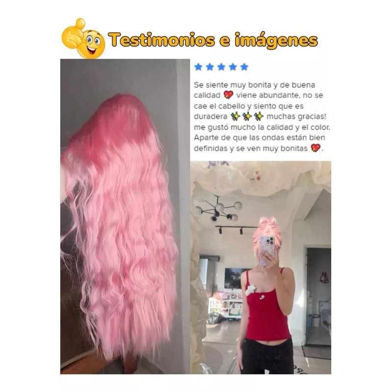 generic - Peluca Larga Rosa Ondulada Para Mujeres Lace Front