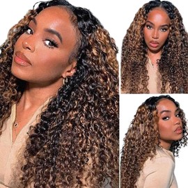 ghotool 250% Density Highlight V Part Wig Human Hair Glueless Ombre BrownThiner Lace Wig For Black Women Minimal Leave Out Upgrade U Part Human Hair Wig Kinky Curly Wigs 20 Inch