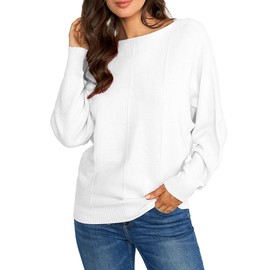 Ckikiou Women Cute Spring Fall Boatneck Batwing Soft Knitted Sweater for Women Casual Loose Long Sleeve Ribbed Pullover Top A-White