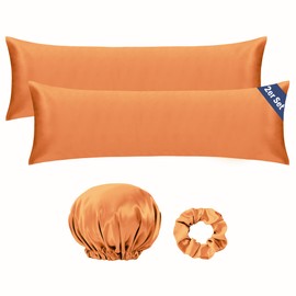 Seiwohl Side Sleeper Pillow Cover 40 x 145 cm, Set of 2 Satin Side Sleeper Cushion Covers, 40 x 145 cm, Long Pillow, Side Sleeper Cushion Cover for Nursing Pillow, Orange, with Hair Tie and Hair Cap