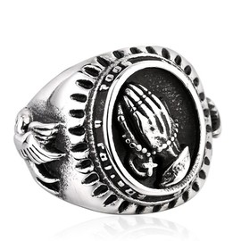 JAJAFOOK Punk Men's Silver Stainless Steel Religious Praying Hands Prayer Ring Band