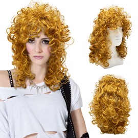 UILYNIU 80's Blonde Curly Wig for Women Fancy Dress,1990's Fancy Dress Wig for Women, Ladies Wavy Wig Costumes Accessories, Women's Disco Rock Wigs For Halloween Carnival Cosplay Party Wigs (Blonde)