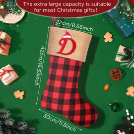 Woosytoo 20 Inches Large Monogram Christmas Stockings Embroidered Initial Christmas Stocking Red Black Buffalo Plaid Burlap Christmas Stocking for Christmas Xmas Tree Fireplace Decorations, Letter D