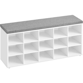VASAGLE Banco Zapatero, Estante para Zapatos, 15 Compartimentos, con Cojín, para Entrada, 30 x 105 x 48 cm, Blanco y Gris MLHS15WT