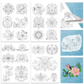 ORIGACH 4 Sheets Large Water Soluble Embroidery Patterns Stabilizers - Pre-Printed Scandinavian Floral Designs - Stick & Stitch Embroidery Paper for Hand Sewing Lovers