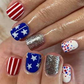 24PCS 4th of July Nails Press ons, Short Square Fake Nails Red White Stripe Stars Patriotic False Nails Full Cover Glitters Polka Dot Design Glue on Nails Independence Day Stick on Nails for Women