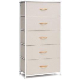 Crestlive Products Vertical Dresser Storage Tower - Sturdy Steel Frame, Wood Top, Easy Pull Fabric Bins - Wide Organizer Unit for Bedroom, Hallway, Entryway, Closets - 5 Drawers(Beige)