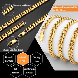 Jewlpire Gold Chain for Men Women, 10mm Mens Necklace Cuban Link Chain for Men 18K Gold Plated Mens Gold Chain, Gold Chain 24 Inch