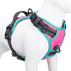 PHOEPET 2019 arnés para perro sin tirones, chaleco reflectante ajustable, con asa de entrenamiento + 2 ganchos de metal para correa + 3 hebillas de cierre + 4 hebillas deslizantes (M, rosa)