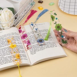 4pcs Dried Flower Bookmarks Handmade Transparent Bookmarks for Dried Flowers with Tassels (Style C)