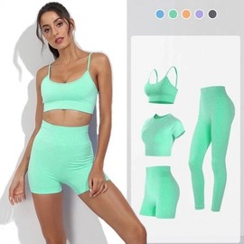 Women's 4-Piece Solid Color Yoga Set with Camisole and Seamless Bra Shorts Style: Linen Short Sleeve + S 3ea