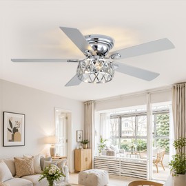 Breezary 52 Inch Flush Mount Ceiling Fans with Lights and Remote, 5-Blade, 6-Speed Reversible DC Motor, Modern Low Profile Ceiling Fan Crystal Fandeliers for Bedroom Living Room Kitchen (Chrome)