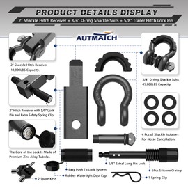 AUTMATCH Shackle Hitch Receiver 2 Inch - 3/4" D Ring Shackle and 5/8" Trailer Hitch Lock Pin, 45,000 Lbs Break Strength Heavy Duty Receiver Towing Kit for Off-Road Vehicle Recovery, Gunmetal Gray