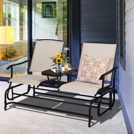 S AFSTAR 2-Person Outdoor Glider, Patio Glider Bench Chairs with Center Tempered Glass Table & Breathable Loveseat, Double Swing Glider Chair for Porch Garden Poolside Balcony Lawn (Beige)