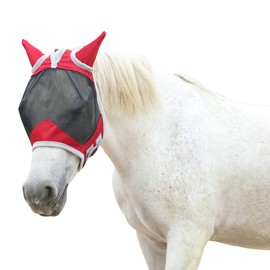 Horse Fly Mask with Ears Cover | Forelock Opening for Tangle-Free Mane Care | UV Protection & Breathable Mesh | No Rub Fit and Enhanced Visbility for Trail Riding Red Pony