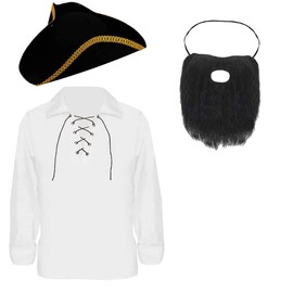 I LOVE FANCY DRESS ADULTS PIRATE COSTUME ACCESSORIES SET FOR MEN. TRICORN PIRATE HAT + WHITE GOTHIC PIRATE SHIRT WITH LACE UP COLLAR + BEARD. PIRATE SET FOR MEN. SIZE: MEDIUM