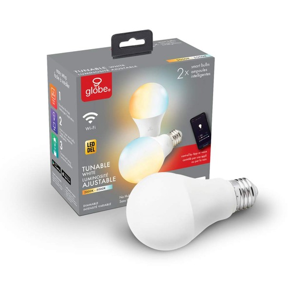 Globe Electric Wi-Fi Smart 10 Watt (60W Equivalent) Tunable White Frosted LED Light Bulb 2-Pack, No Hub Required, Voice Activated, 2000K - 5000K, A19 Shape, E26 Base,34208