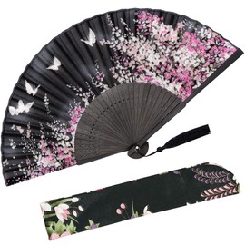 Zolee Small Folding Hand Fan for Women - Chinese Japanese Vintage Bamboo Silk Fans - for Dance, Performance, Decoration, Wedding, Party，Gift (WZS-Black)