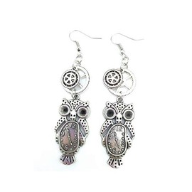 MINIDUO Steampunk Style Drop Earrings,Antique Bronze Vintage Gear Owl Clock Pendant Dangle Earrings for Women -Silver
