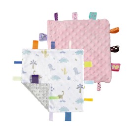 CREVENT Tag Security Blankets for Babies, Soft Small Loveys for Boys, Baby Comforter Sensory Blanket, Great Gifts for Birthday Baby Shower (10"X10" Dino + Pink)