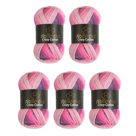 5 x 100 g Wollbiene Crazy Cotton Batik, 500 g with Colour Gradient, 55% Cotton, Multicoloured Knitting Wool, Crochet Wool, Wool, All-Year Wool (6040 Berry, Purple, Pink)