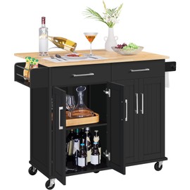 Yaheetech Rolling Kitchen Island with Drop Leaf, Kitchen Cart on Wheels with Storage Cabinet and Drawers, Rubberwood Top, Detachable Towel Rack, Spice Rack for Dining Room, Black