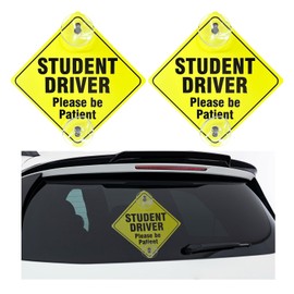 Dickno 2PCS Student Driver Sticker for Car Window, 5''×5'' Removable New Student Driver Safety Sign with Suction Cup, Please Be Patient Student Driver Decal Sticker for New Driver (Black)