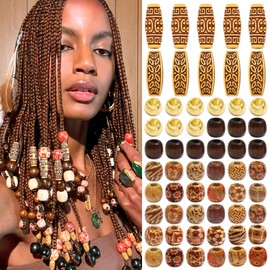 NAISKA 60Pcs Wooden Hair Beads for Braid Loc Dreadlock Jewelry Hair Tube Accessories Cute Wood Round Loose Bead Braids Decoration Jewel Making Hair DIY Craft for Women and Men